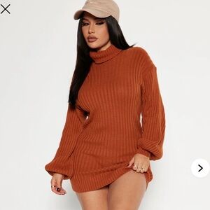 Fashion Nova Too Cozy Turtle Neck Sweater Dress - Cognac